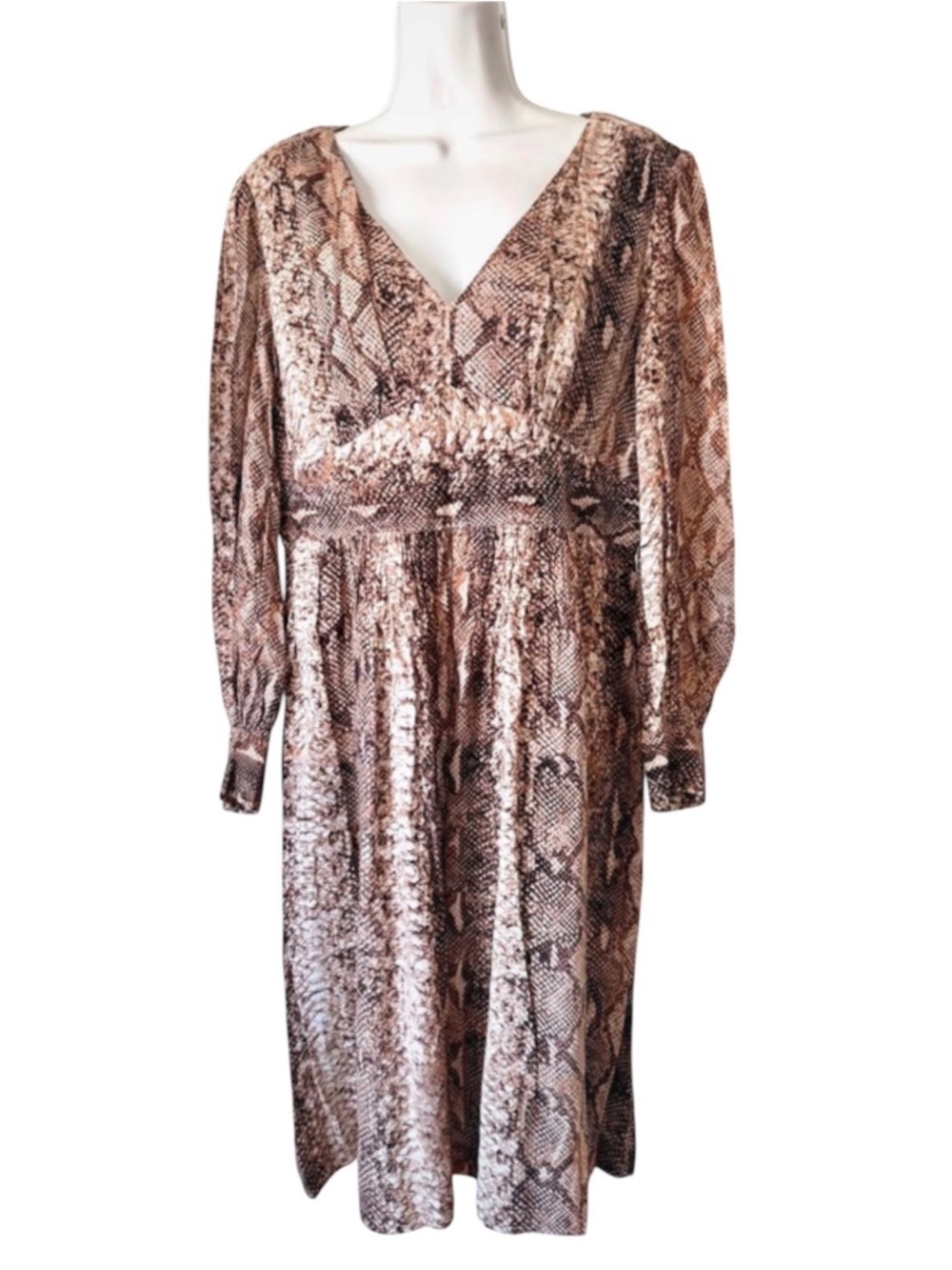 Calvin Klein Snake Print Long Sleeve Smocked Waist Midi Dress Size 12